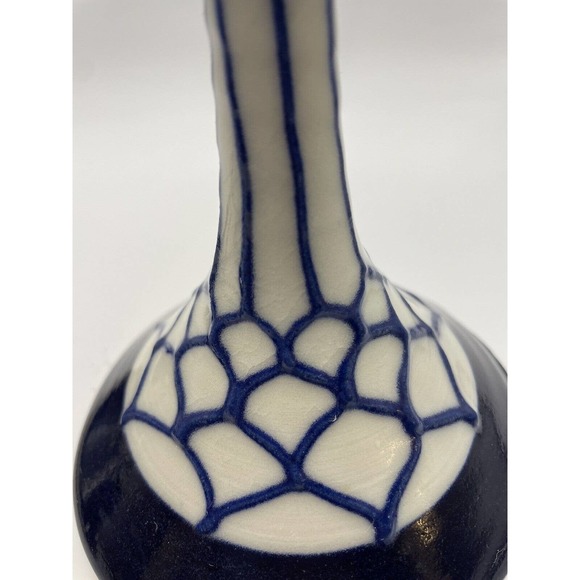 2 Vintage Pottery Candlestick Holders Geometric / Web Design Cobalt Blue & White - Picture 5 of 14